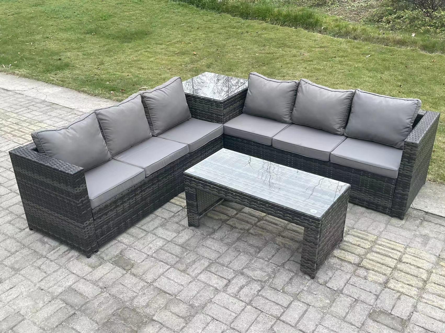 6 Seater Rattan Corner Sofa Set With Square Side Table And Oblong Rectangular Coffee Tea Table